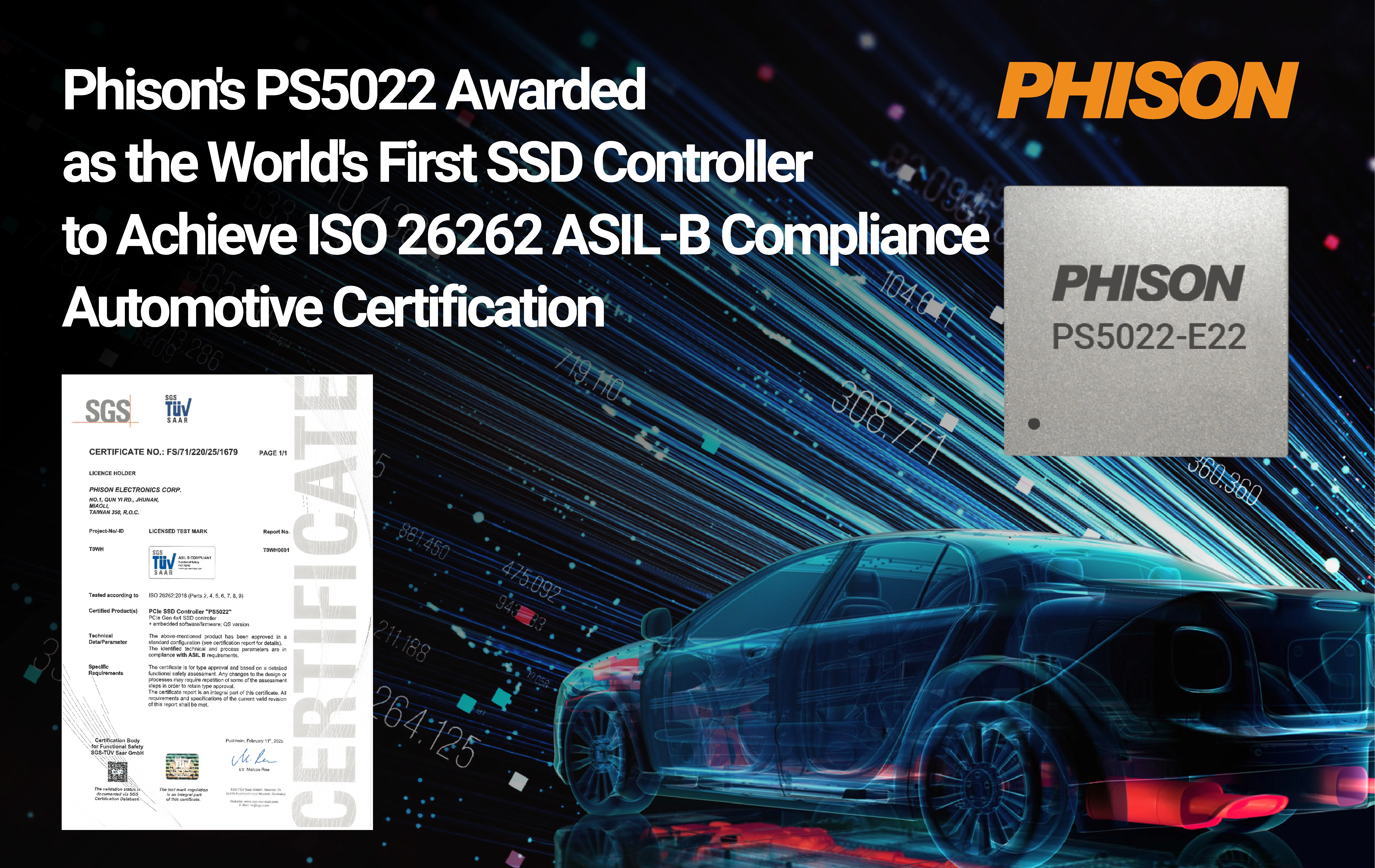 Phison’s PS5022 Certified as the World’s First SSD Controller to Achieve ISO 26262 ASIL-B Compliance Automotive Certification